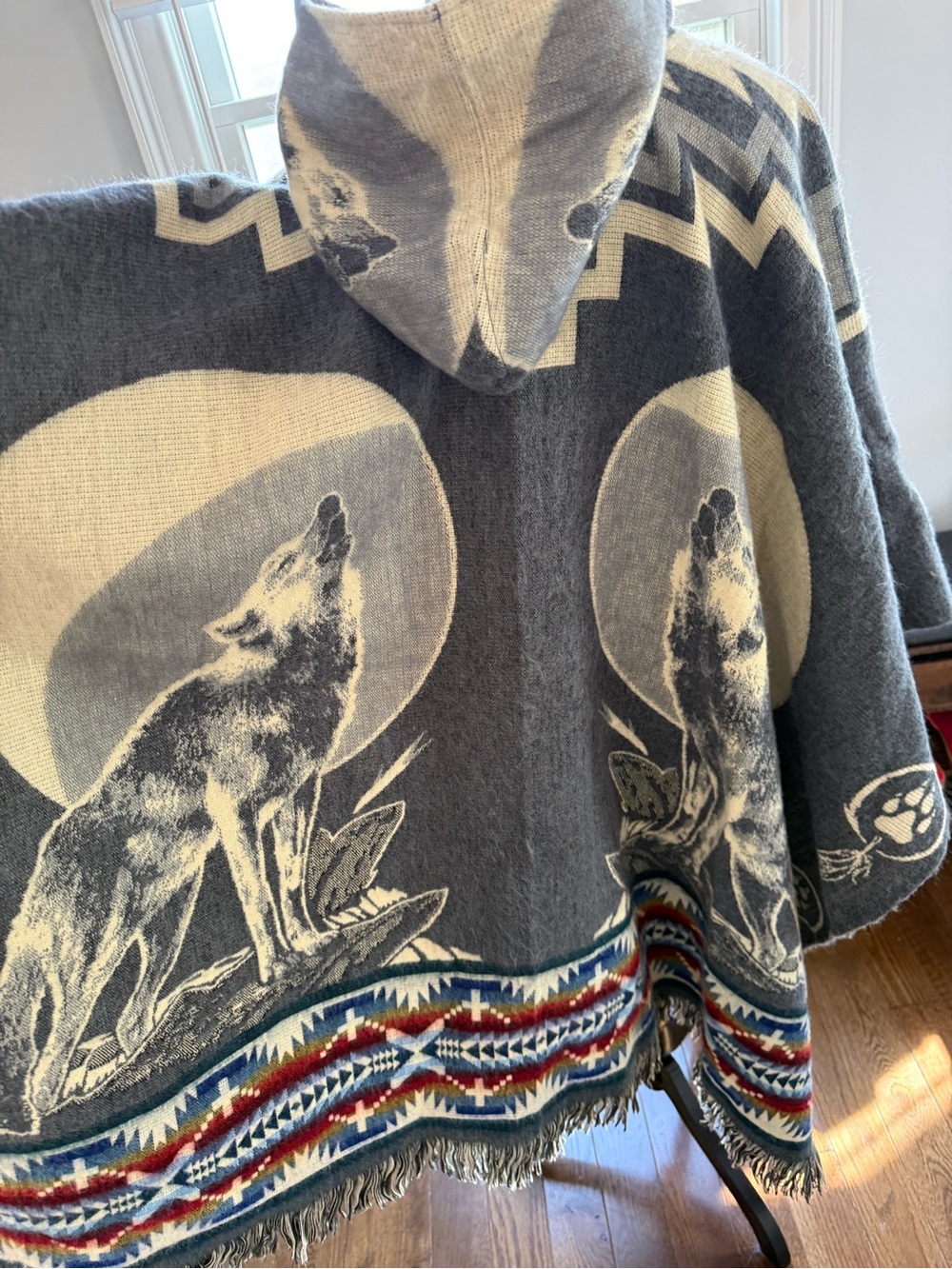 Wool Gray & Cream Wolf Hooded Poncho Top